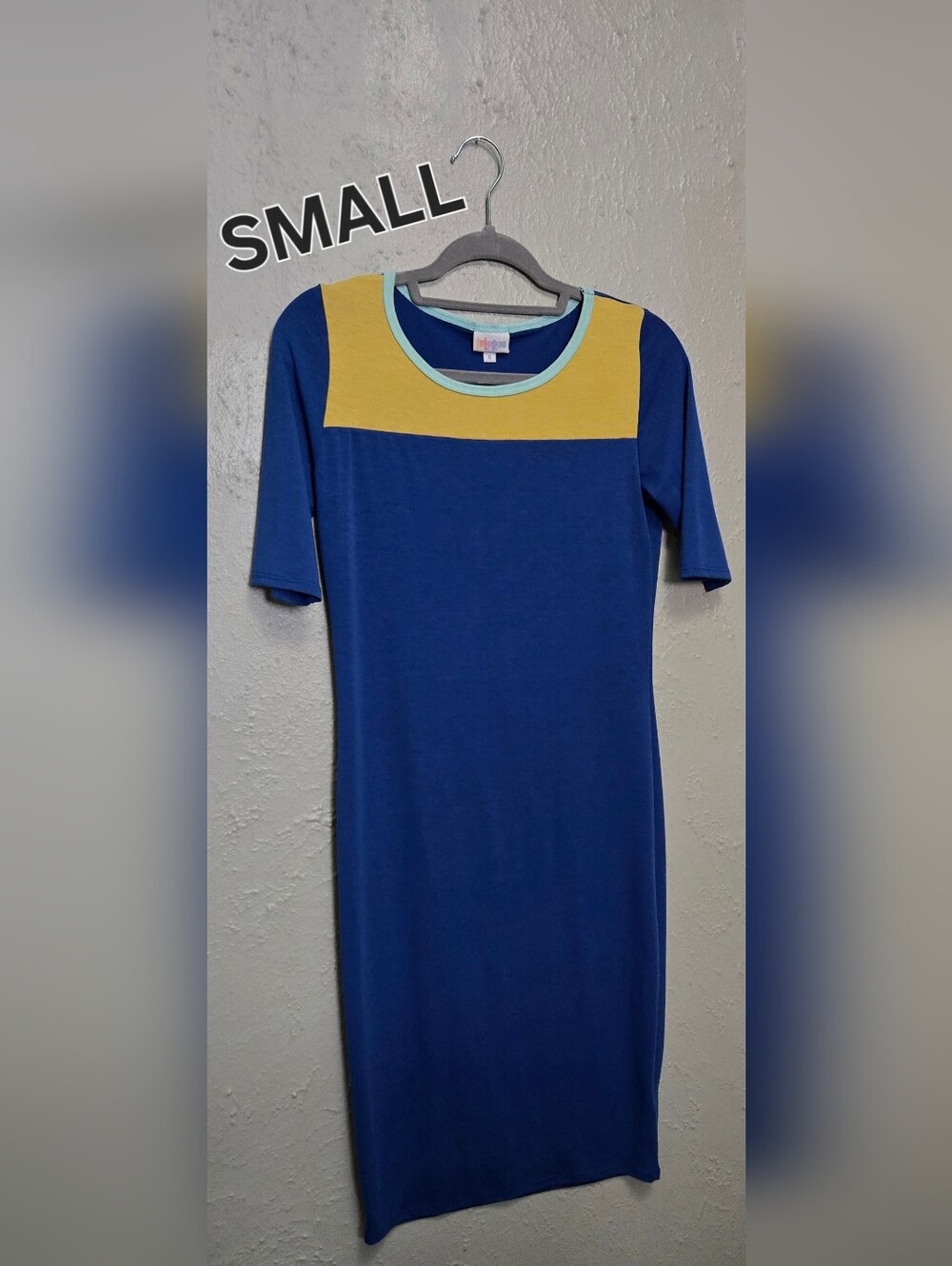 LuLaRoe Julia Blue With Mustard Yellow Dress Women's Size Small